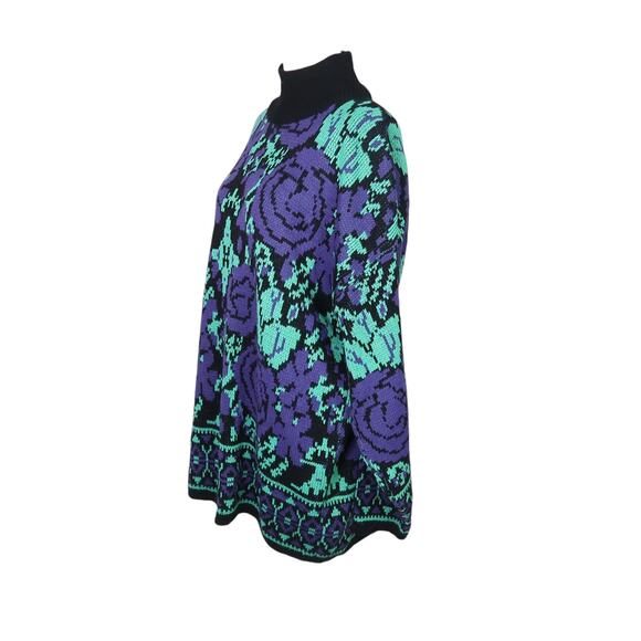 Vintage 80s Michael Carrie black purple green floral tunic sweater L - Picture 3 of 5